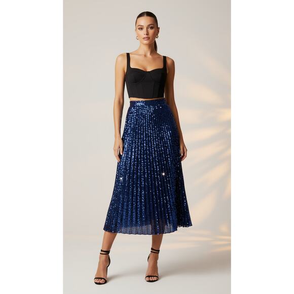 Guess Pleated Sequin Midi Skirt Blue 27 / US 4 | Holiday Glam - Picture 3 of 8